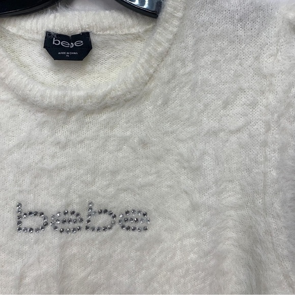 BEBE CREAM RHINESTONE LOGO LONG SLEEVE FUZZY SWEATER Size XL - Picture 2 of 5
